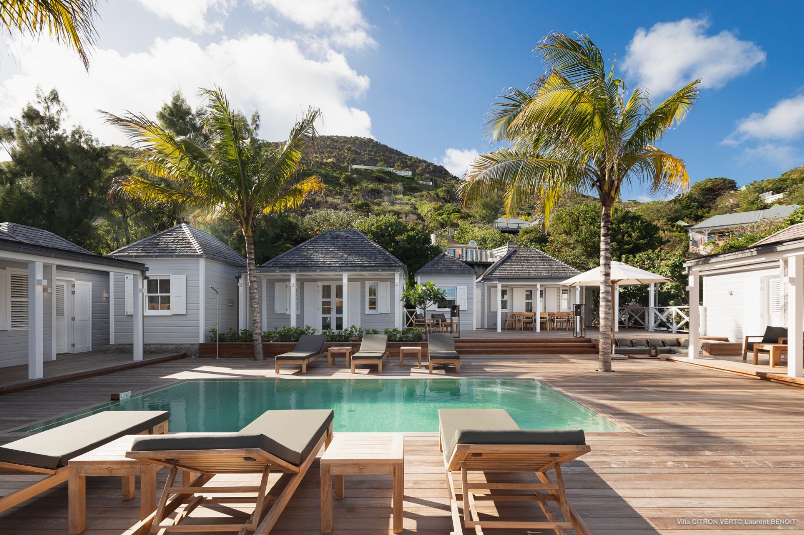 Sun deck, chairs and villa exterior at Villa La Palma in St Barths