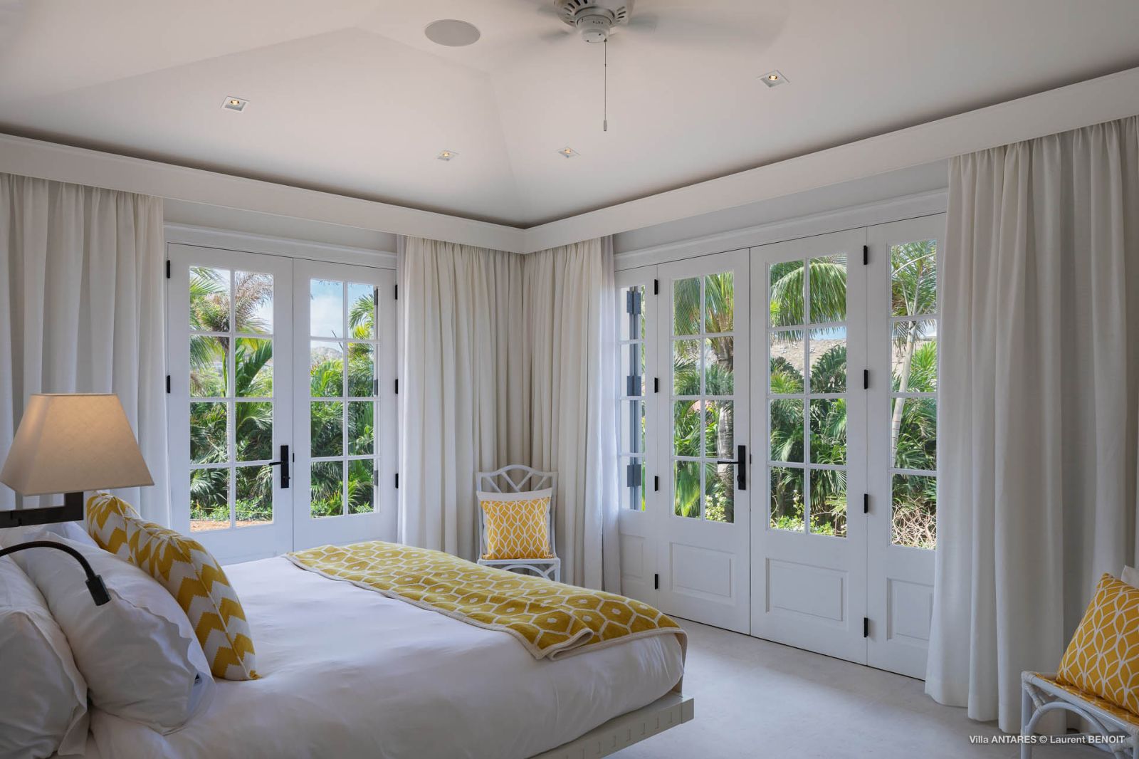 Villa Blanc, St Barths - white bedroom with yellow detailing