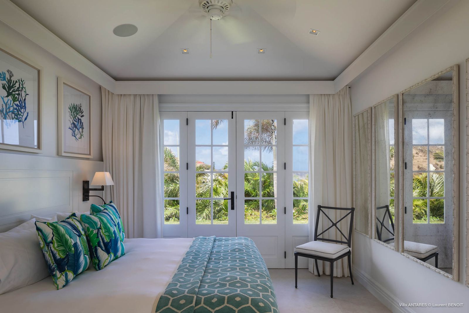 Villa Blanc, St Barths - Green bedroom with plantation windows