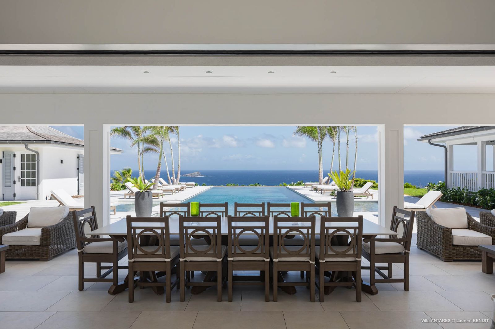 Villa Blanc, St Barths - dining terrace with pool and sea view