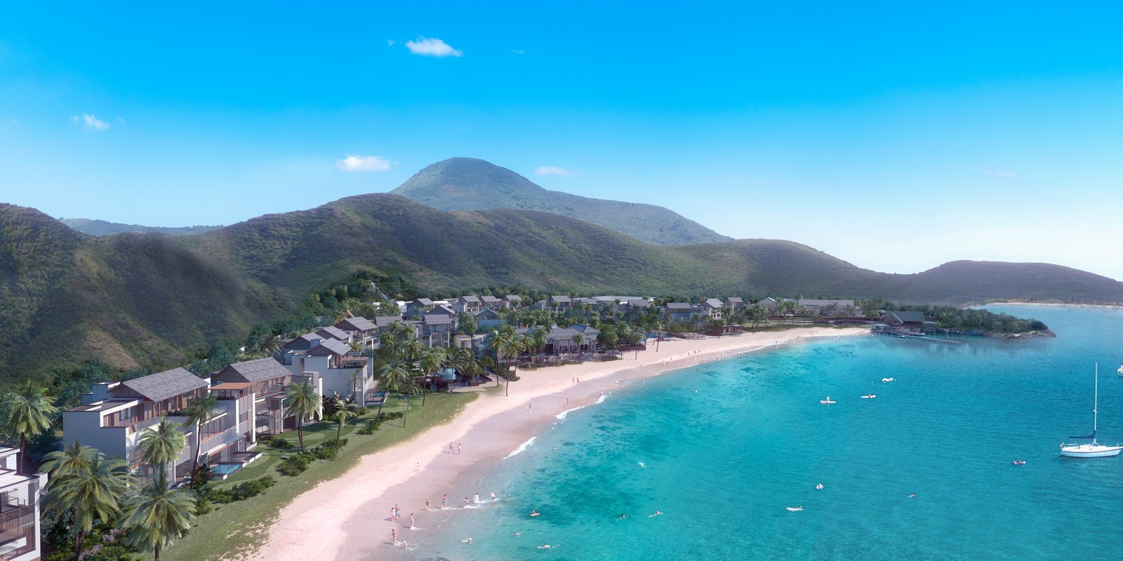 An ariel view of the crescent shaped beach at the Park Hyatt St. Kitts Christophe Harbour