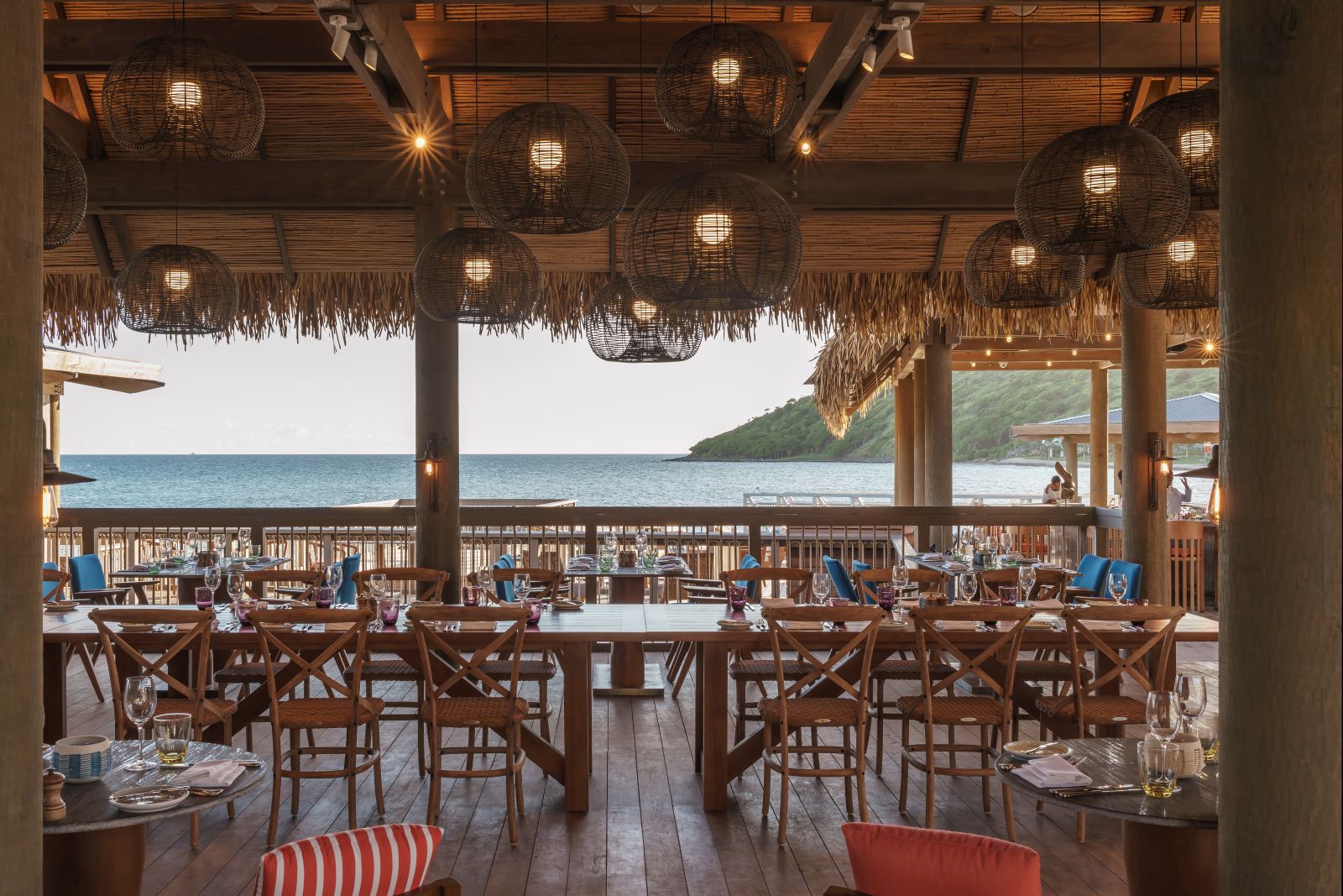 The Fishermans Village restaurant overlooking the beach at the Park Hyatt St. Kitts Christophe Harbour Hotel