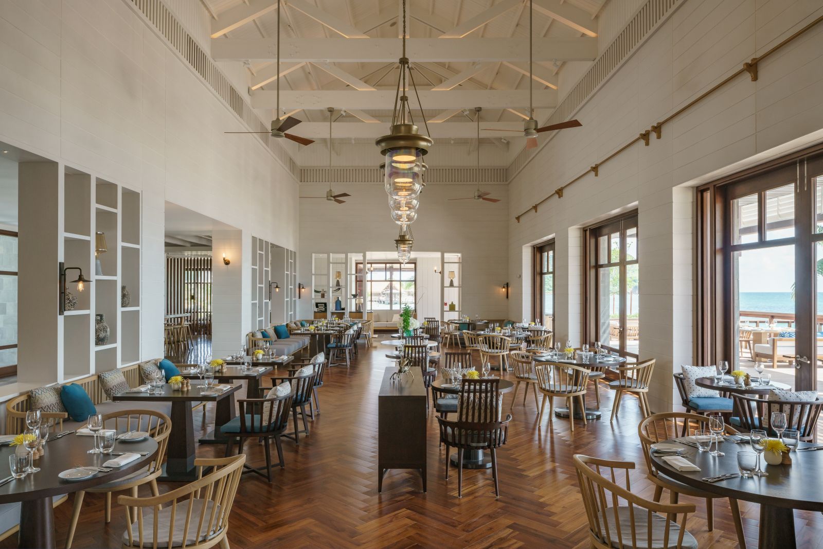 The dining room in the Great House at the Park Hyatt St. Kitts Christophe Harbour Hotel