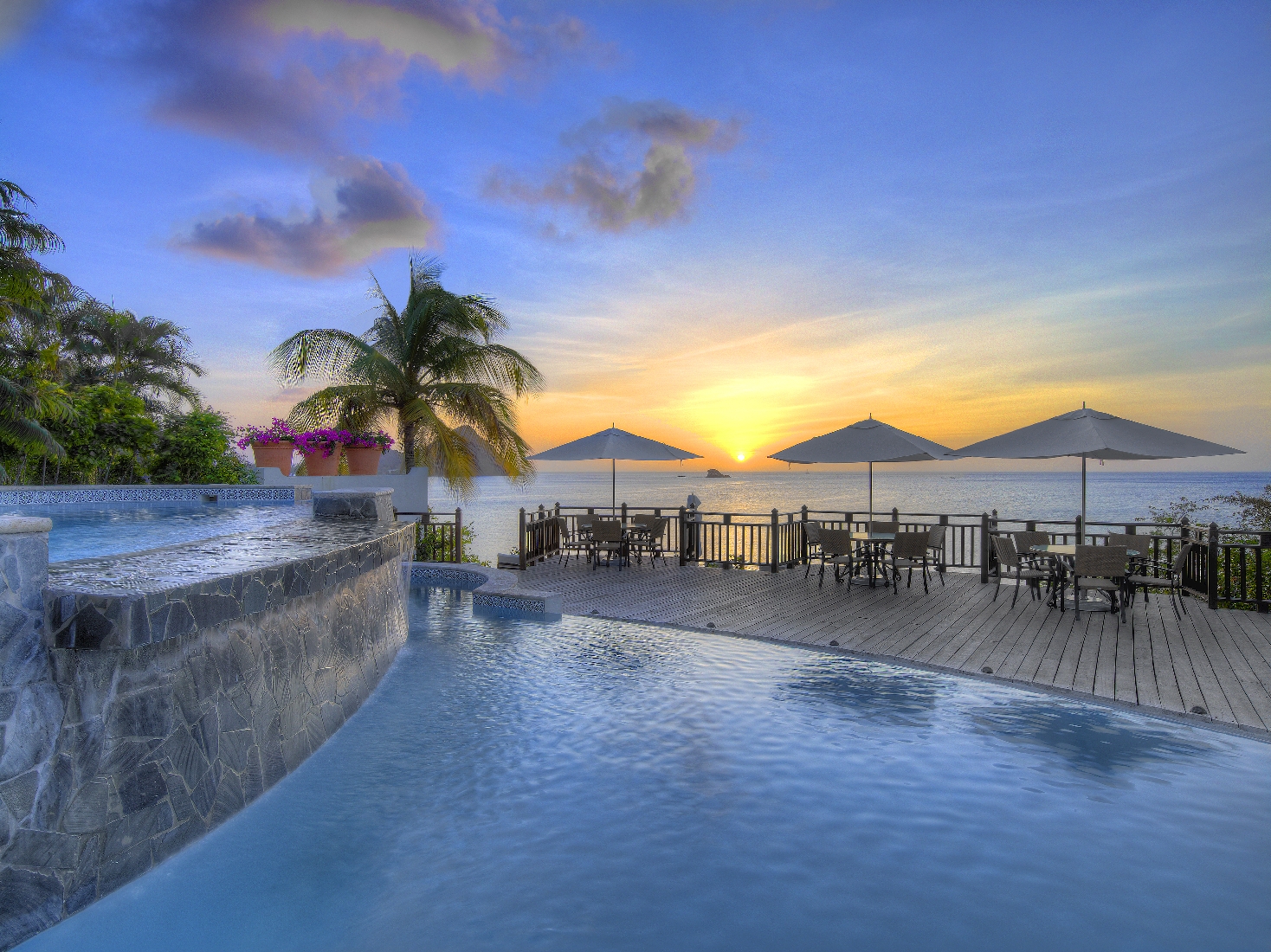 Sunset seen from the clifftop swimming pool at Cap Maison, St. Lucia
