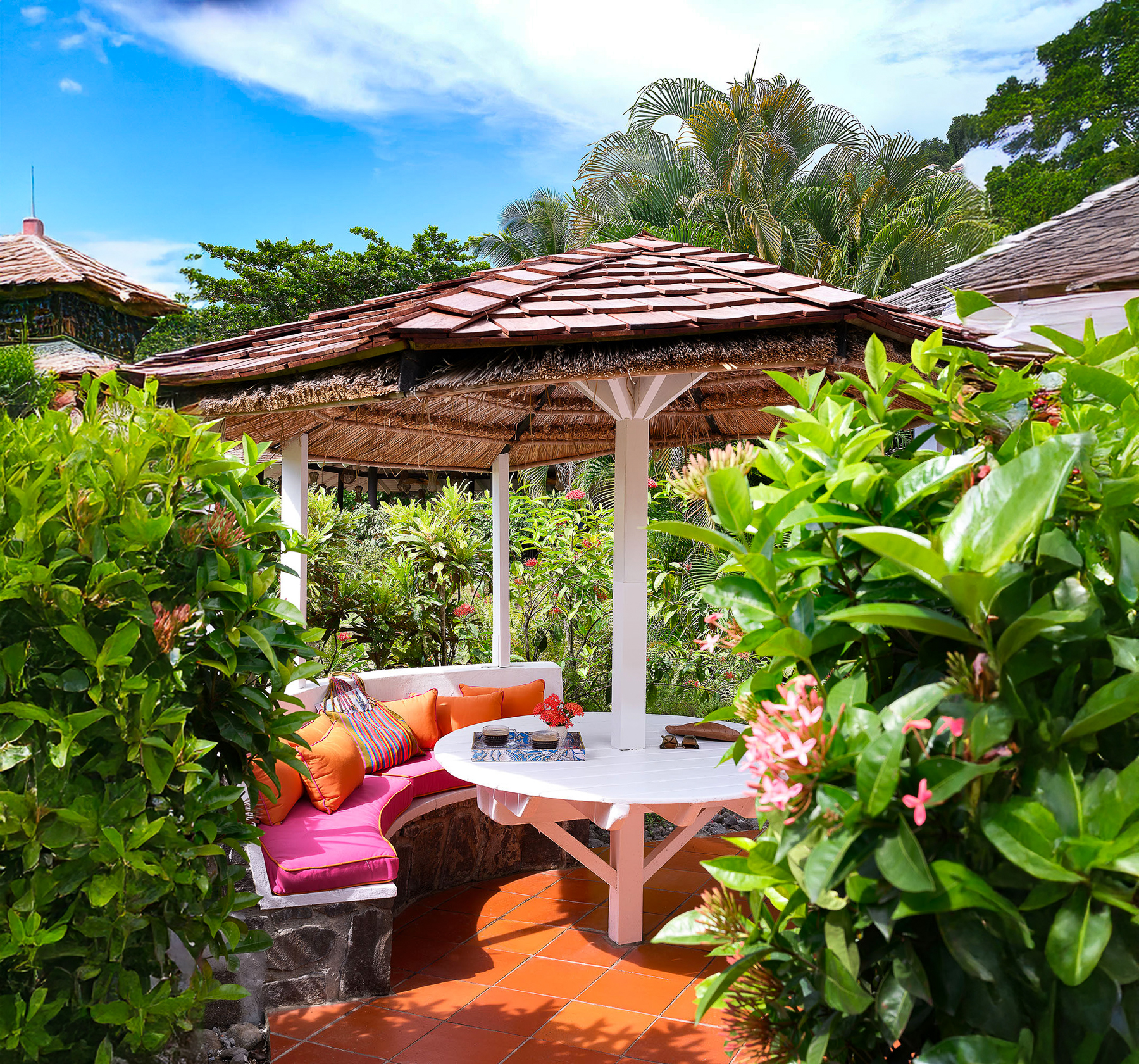 Garden pavilion seating area at East Winds luxury Resort in St Lucia