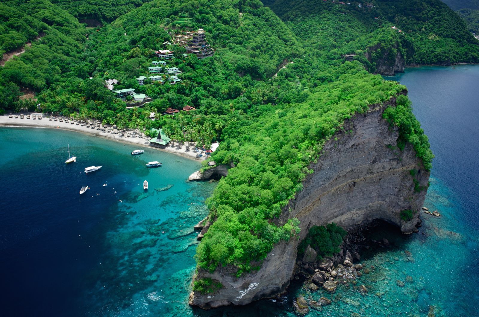 Aerial view of the coastline and forests surrounding Jade Mountain in Saint Lucia