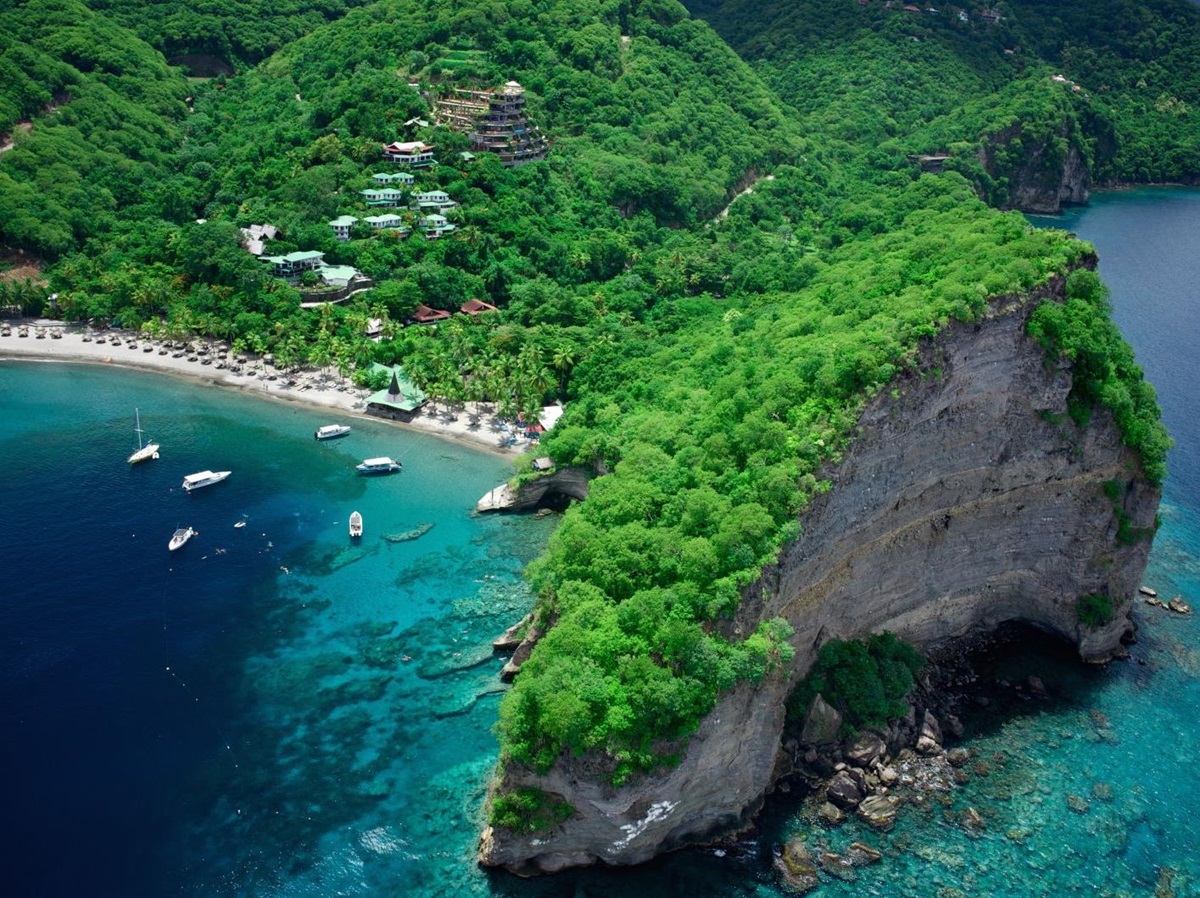 Aerial view of the coastline and forests surrounding Jade Mountain in Saint Lucia