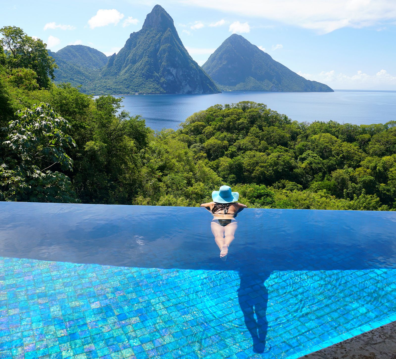 View of the Pitons from the swimming pool at Jade Mountain in Saint Lucia