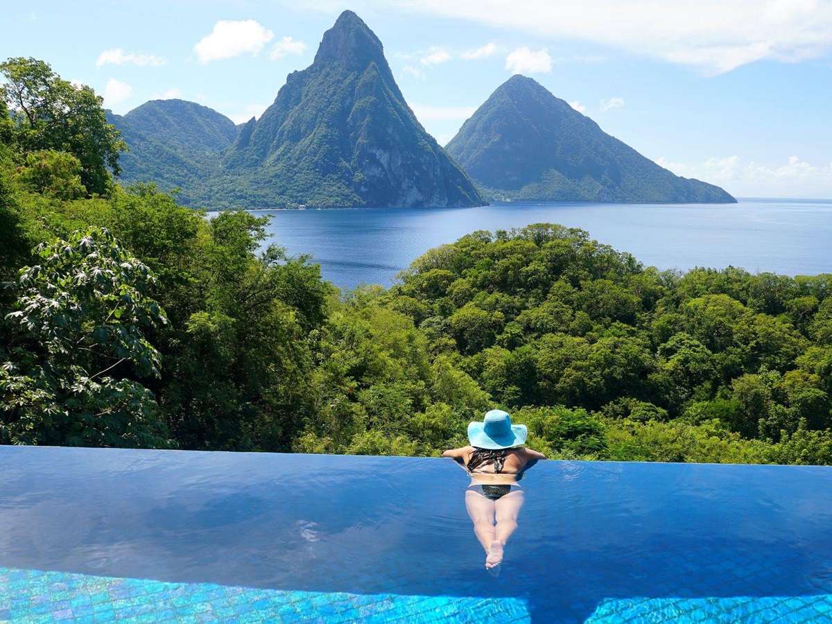 View of the Pitons from the swimming pool at Jade Mountain in Saint Lucia