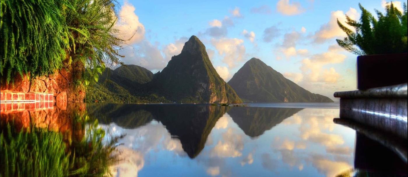 Reflections of the Pitons from the pool at Jade Mountain in Saint Lucia