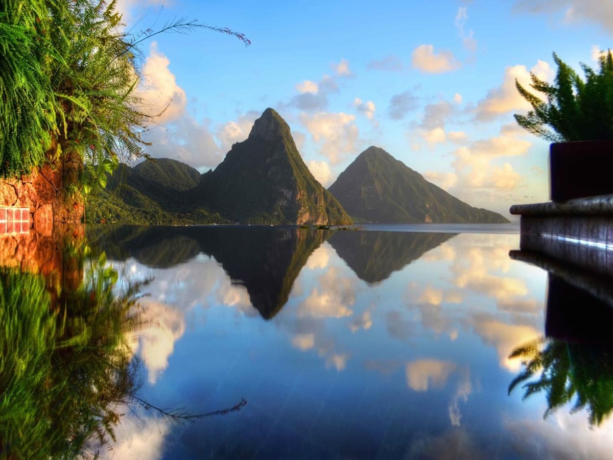 Reflections of the Pitons from the pool at Jade Mountain in Saint Lucia