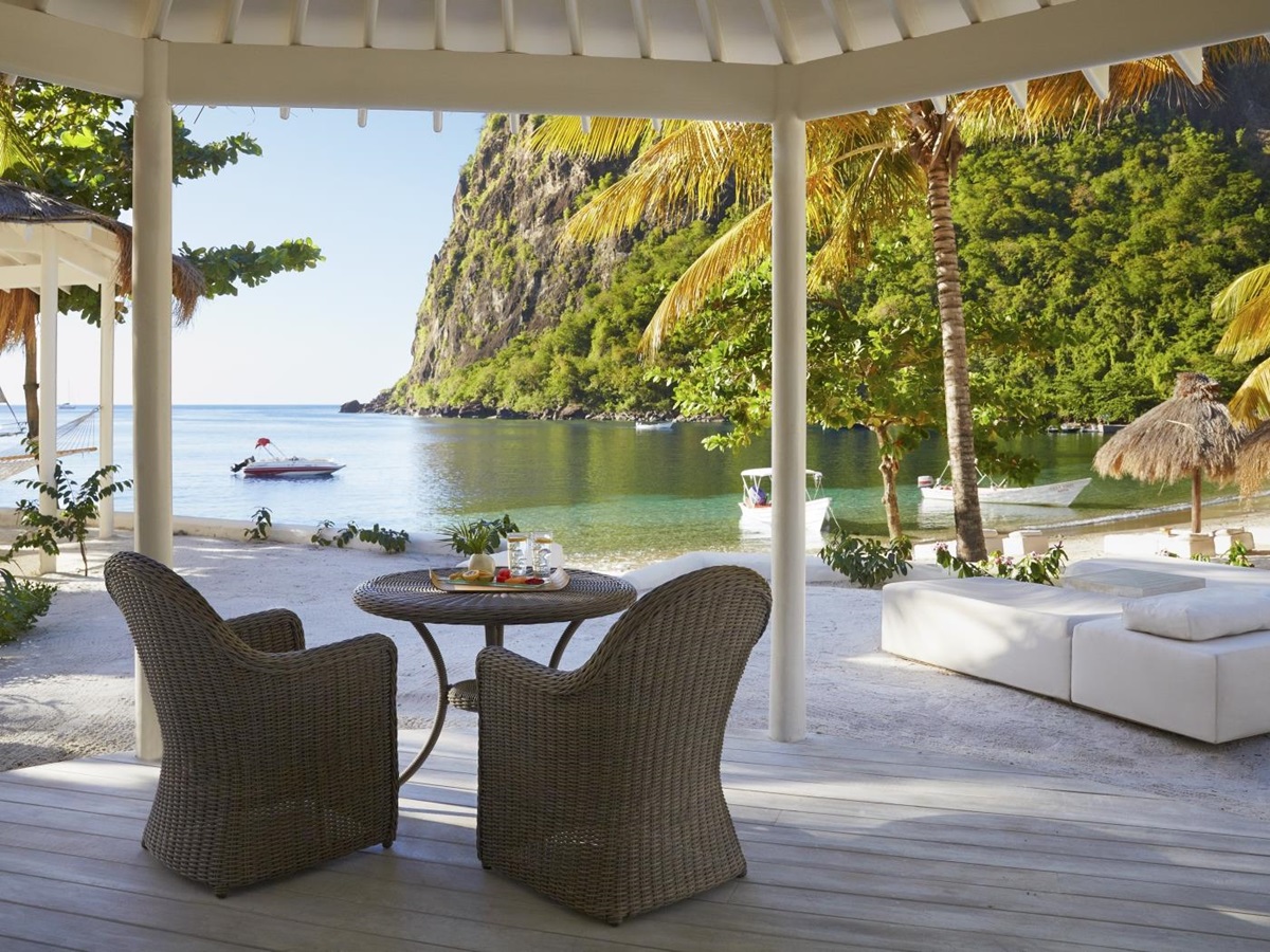 The deck of a Luxury Beachfront Bungalow at The deck of a Superior Luxury Cottage at Sugar Beach, St Lucia