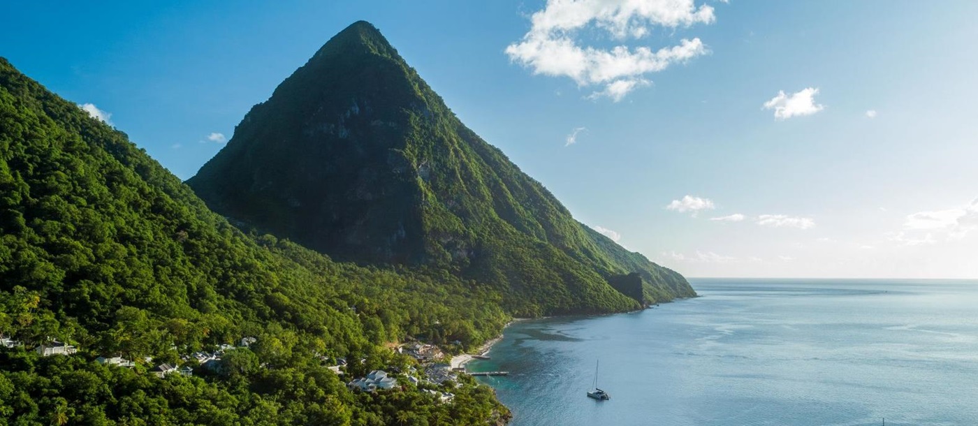 Aerial view of Sugar Beach in St Lucia and the Pitons