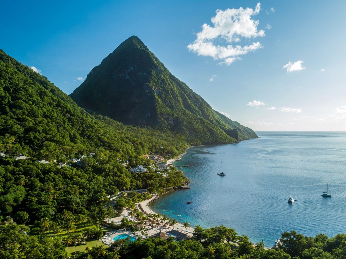 Aerial view of Sugar Beach in St Lucia and the Pitons