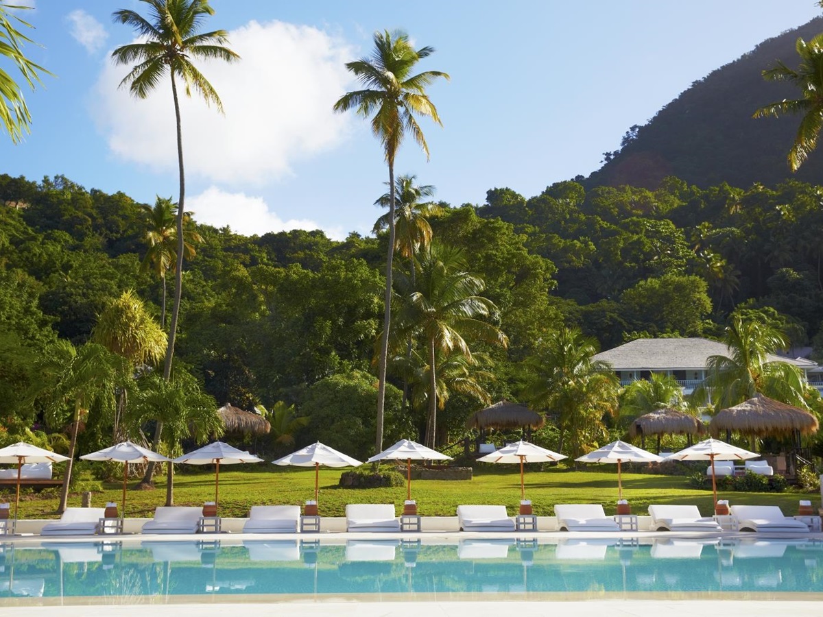 The swimming pool with sun loungers