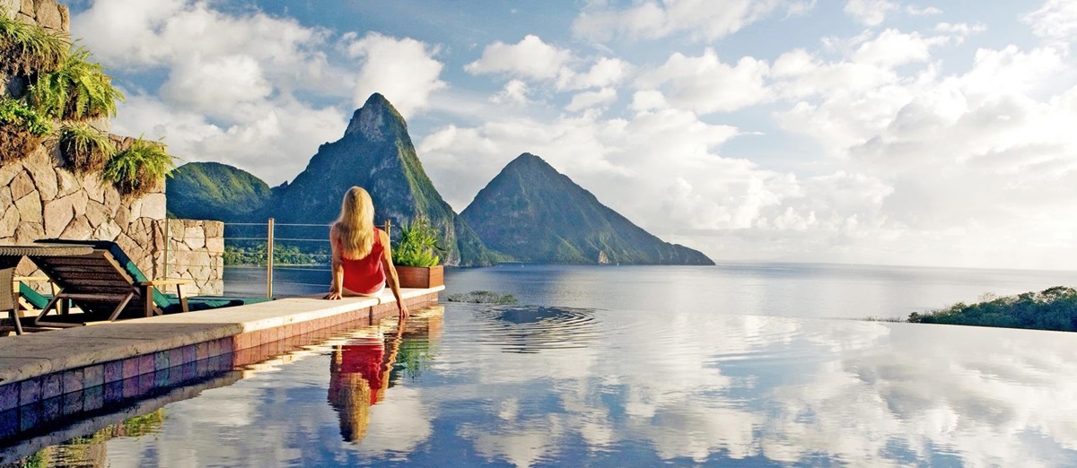 Pool reflection from St Lucia's Jade Mountain seeing Petit Piton
