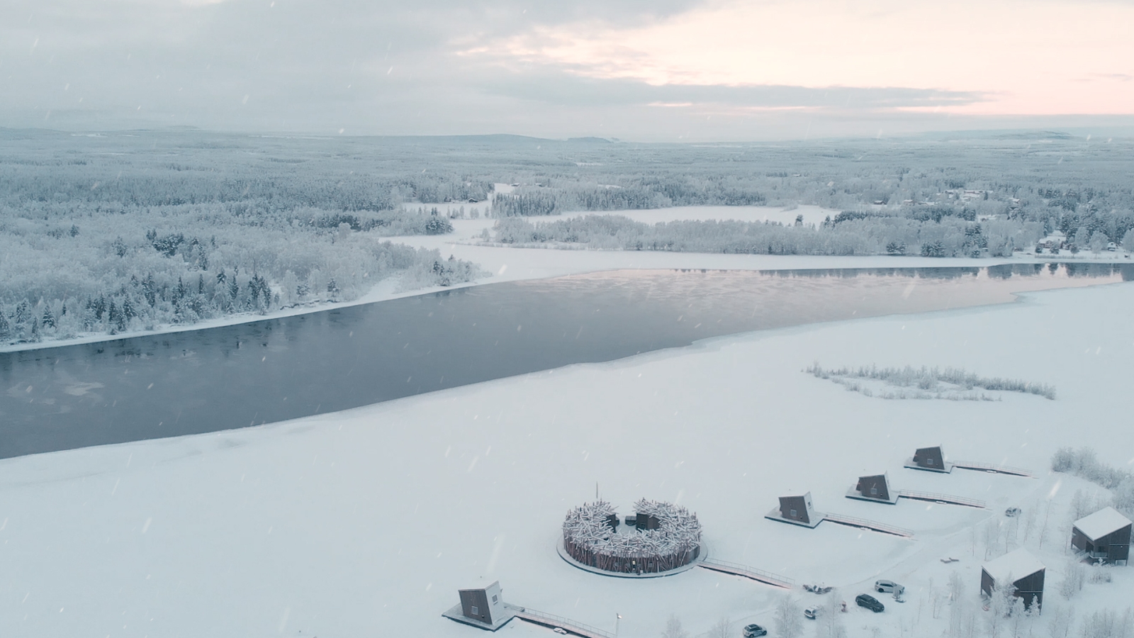 Aerial view of pool in winter at Arctic Baths in Sweden