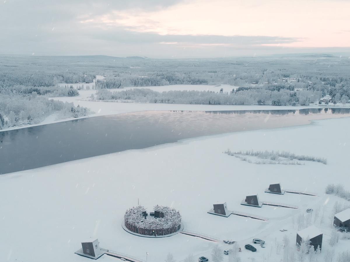 Aerial view of pool in winter at Arctic Baths in Sweden