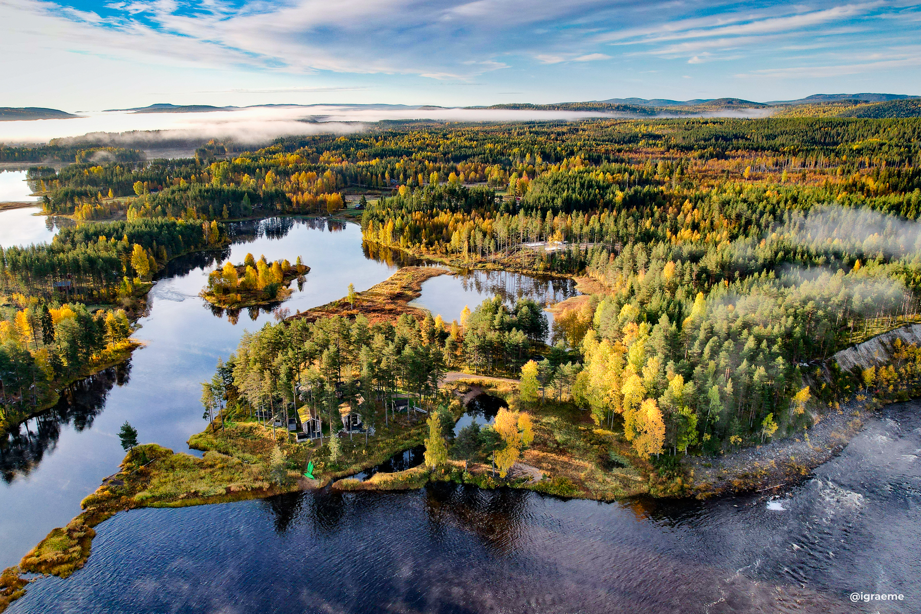 Aerial view of Arctic Retreat in Swedish Lapland during the autumn