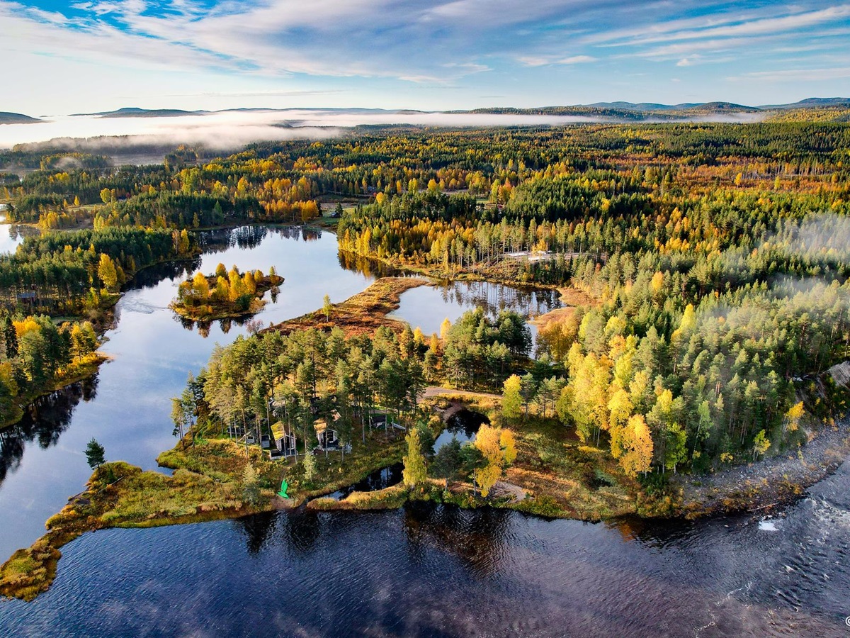 Aerial view of Arctic Retreat in Swedish Lapland during the autumn