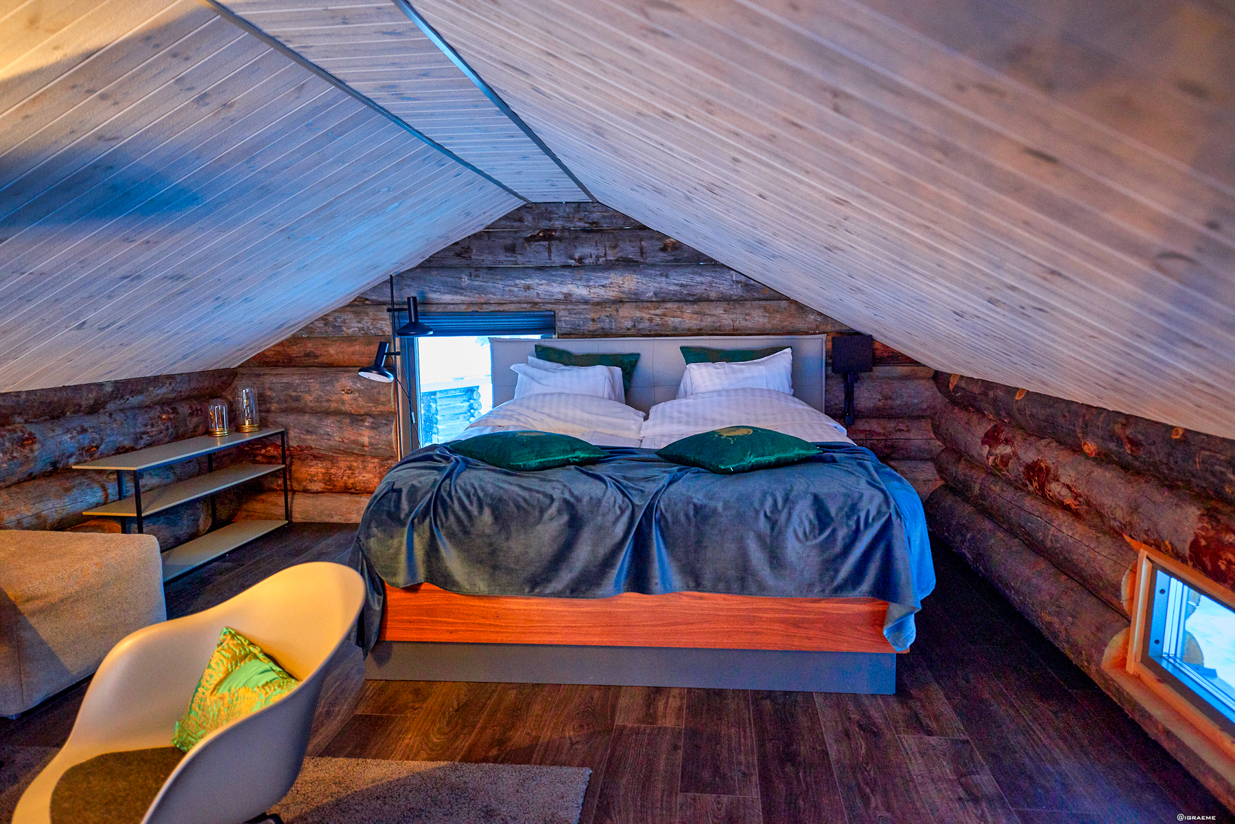 Guest bedroom in a cabin at Arctic retreat in Swedish Lapland