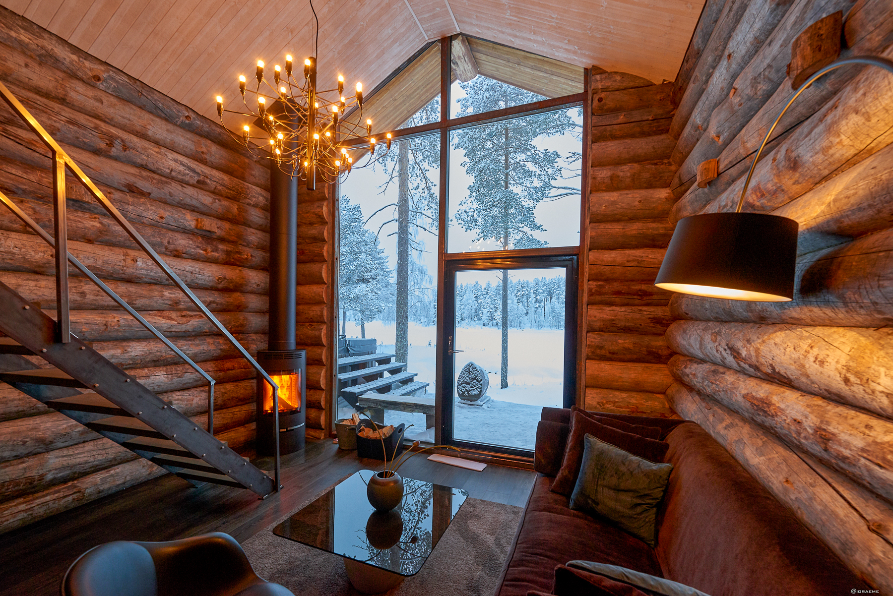 Living area inside a guest cabin at Arctic Retreat in Swedish Lapland