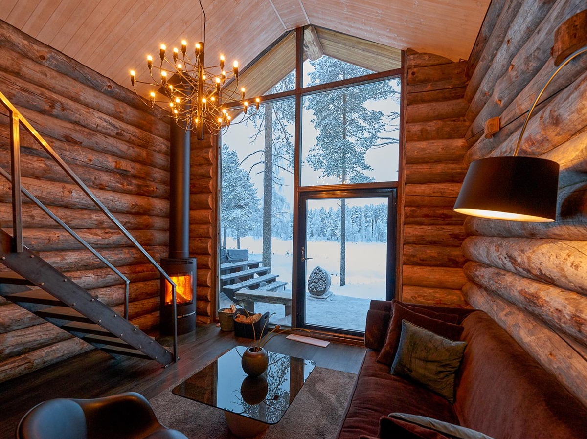 Living area inside a guest cabin at Arctic Retreat in Swedish Lapland