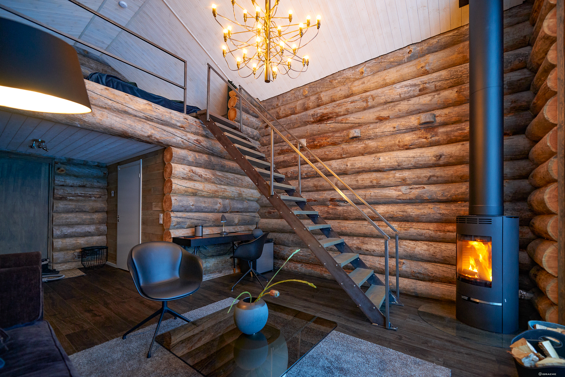 View of a living area inside a guest cabin at Arctic retreat in Swedish Lapland