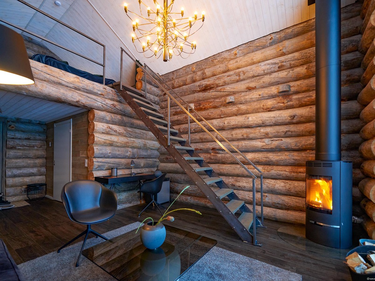 View of a living area inside a guest cabin at Arctic retreat in Swedish Lapland