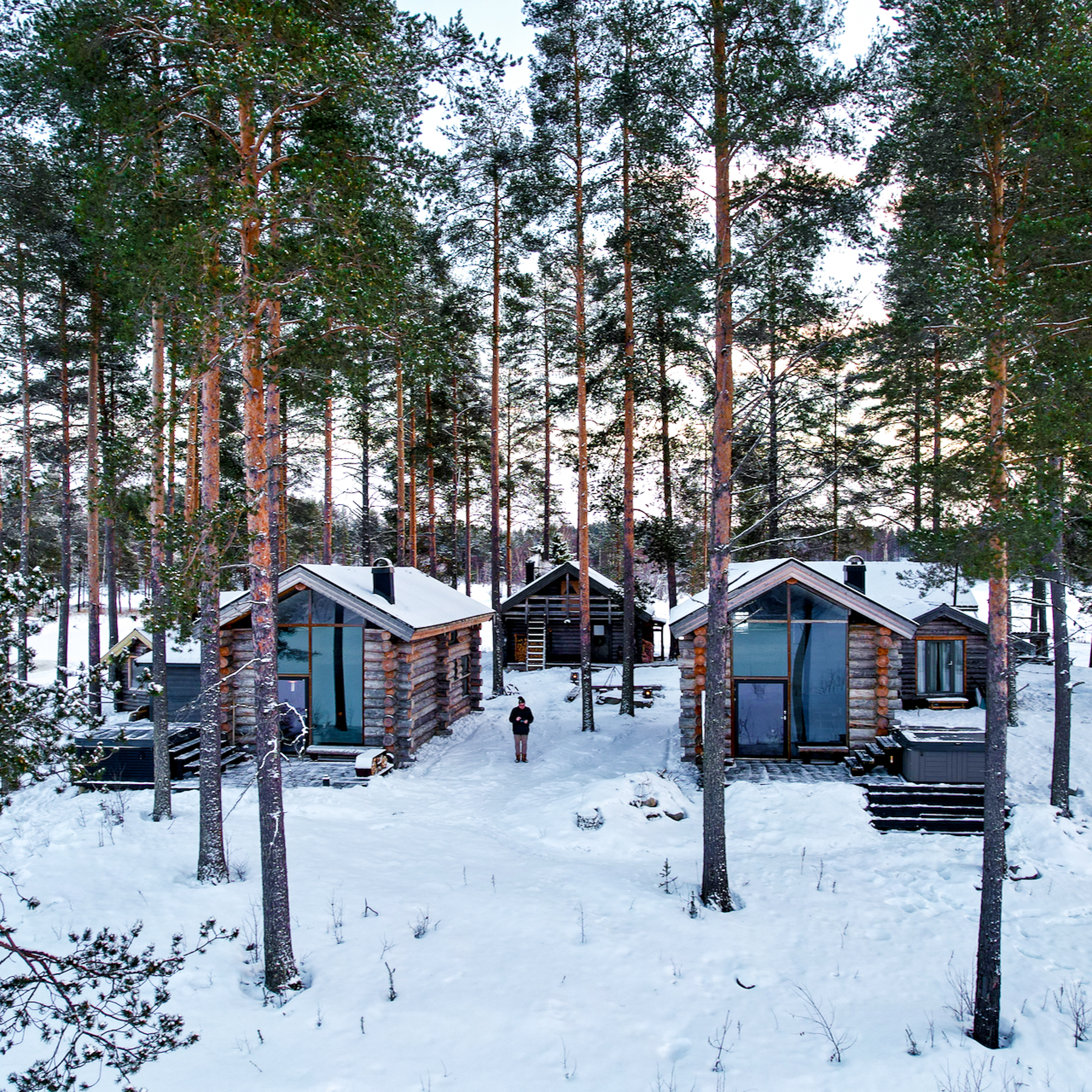 Exterior view of the Arctic Retreat lodge in Swedish Lapland during winter