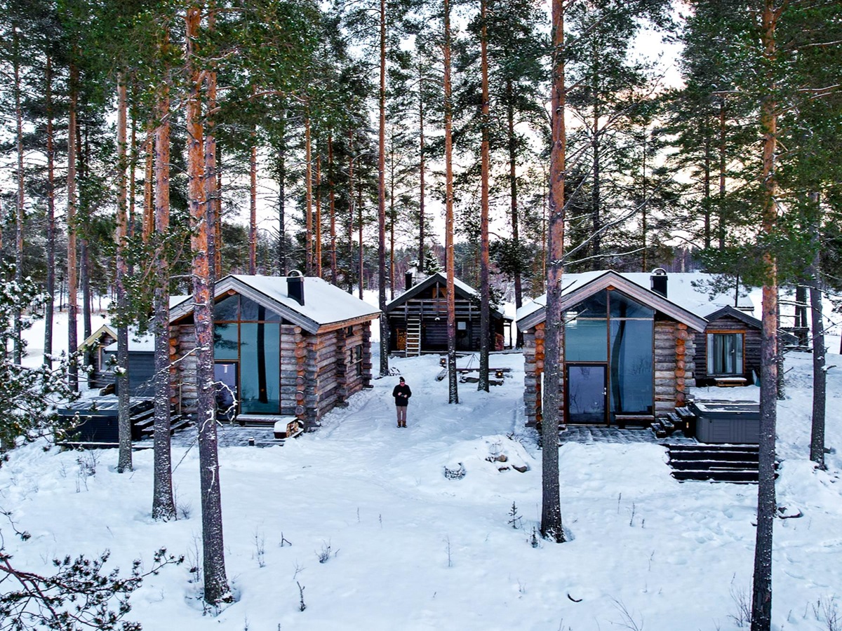 Exterior view of the Arctic Retreat lodge in Swedish Lapland during winter