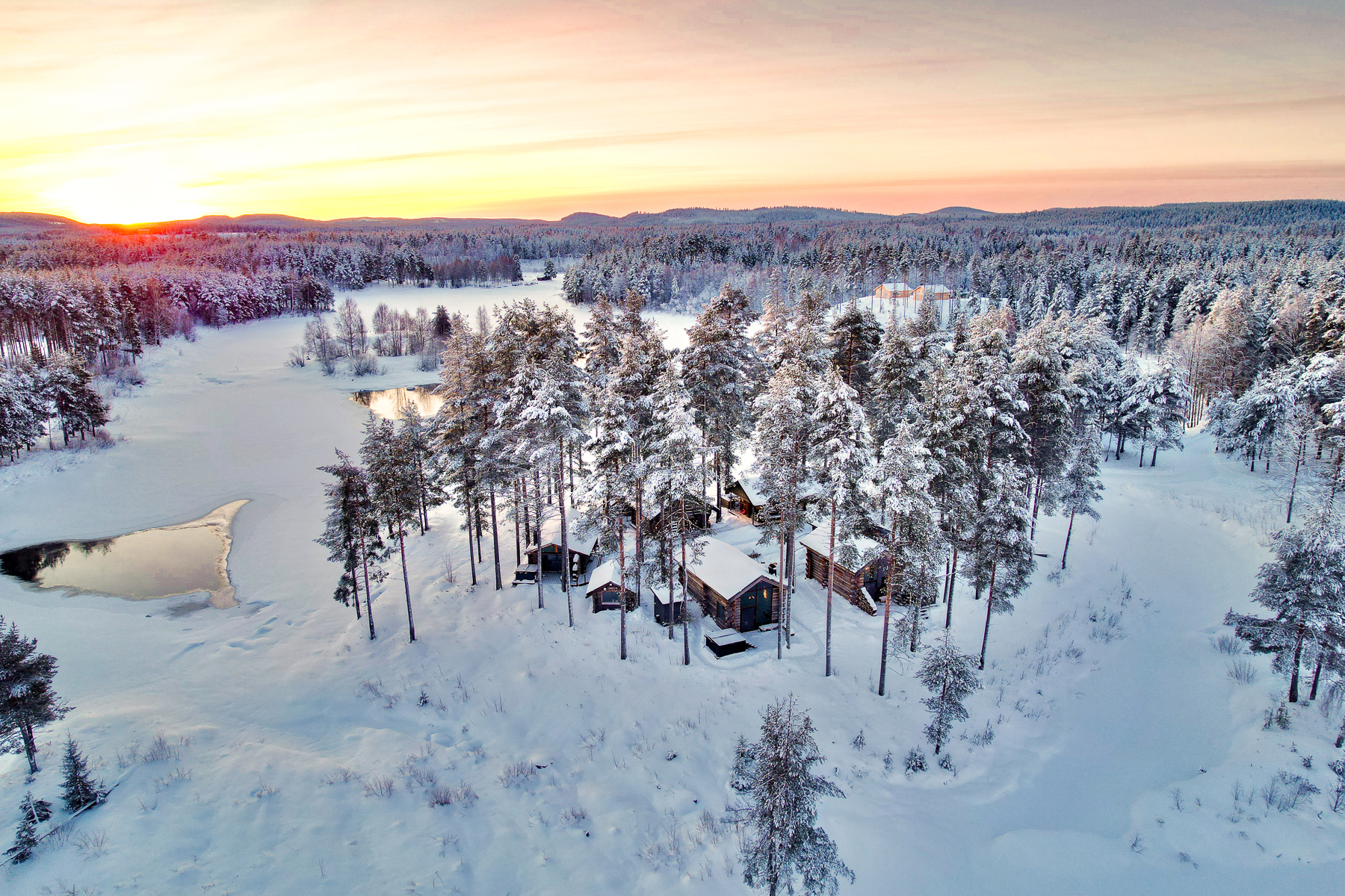 Aerial view of Arctic Retreat during winter in Swedish Lapland