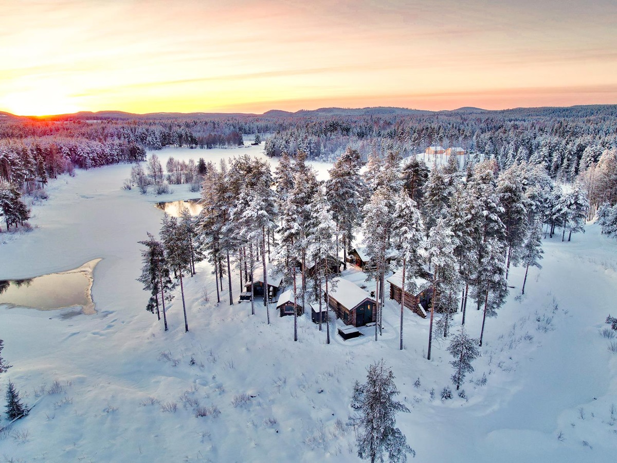 Aerial view of Arctic Retreat during winter in Swedish Lapland