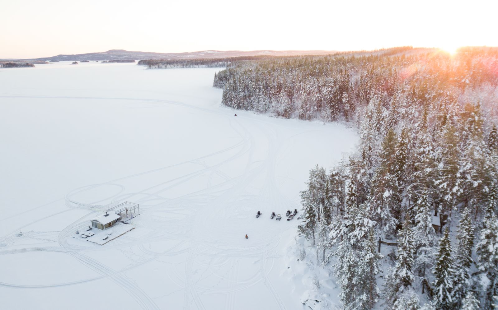 Sauna on the snow-covered plains of Aurora Safari Camp in Sweden