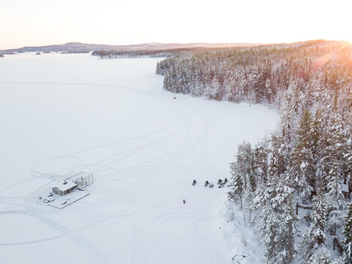 Sauna on the snow-covered plains of Aurora Safari Camp in Sweden