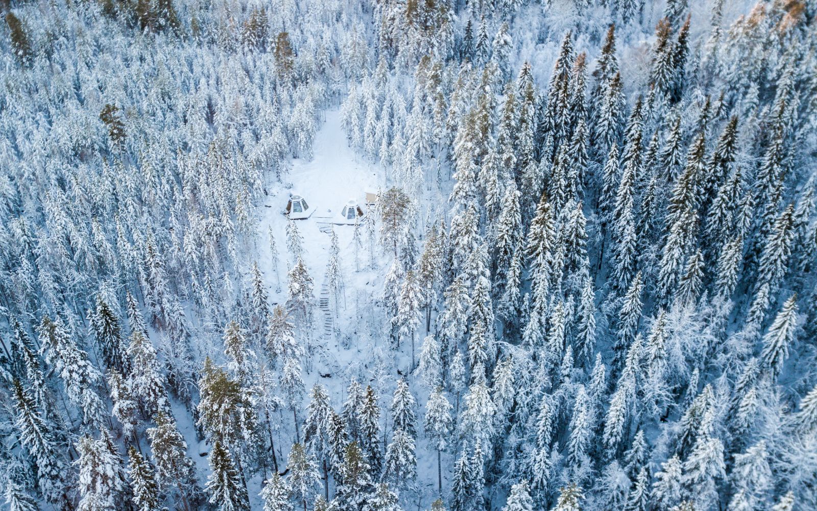 Aerial view of two Cone Rooms in the Swedish forest at Aurora Safari Camp