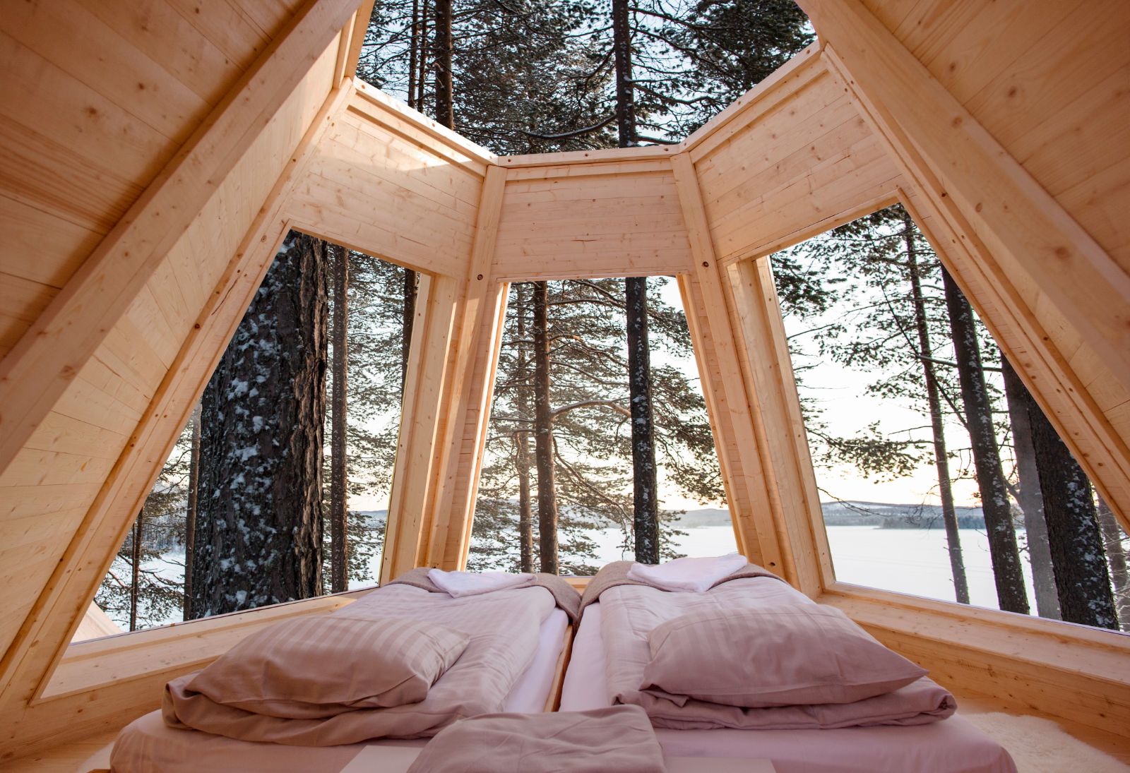 View from the beds of a Cone Room at Aurora Safari Camp in Sweden