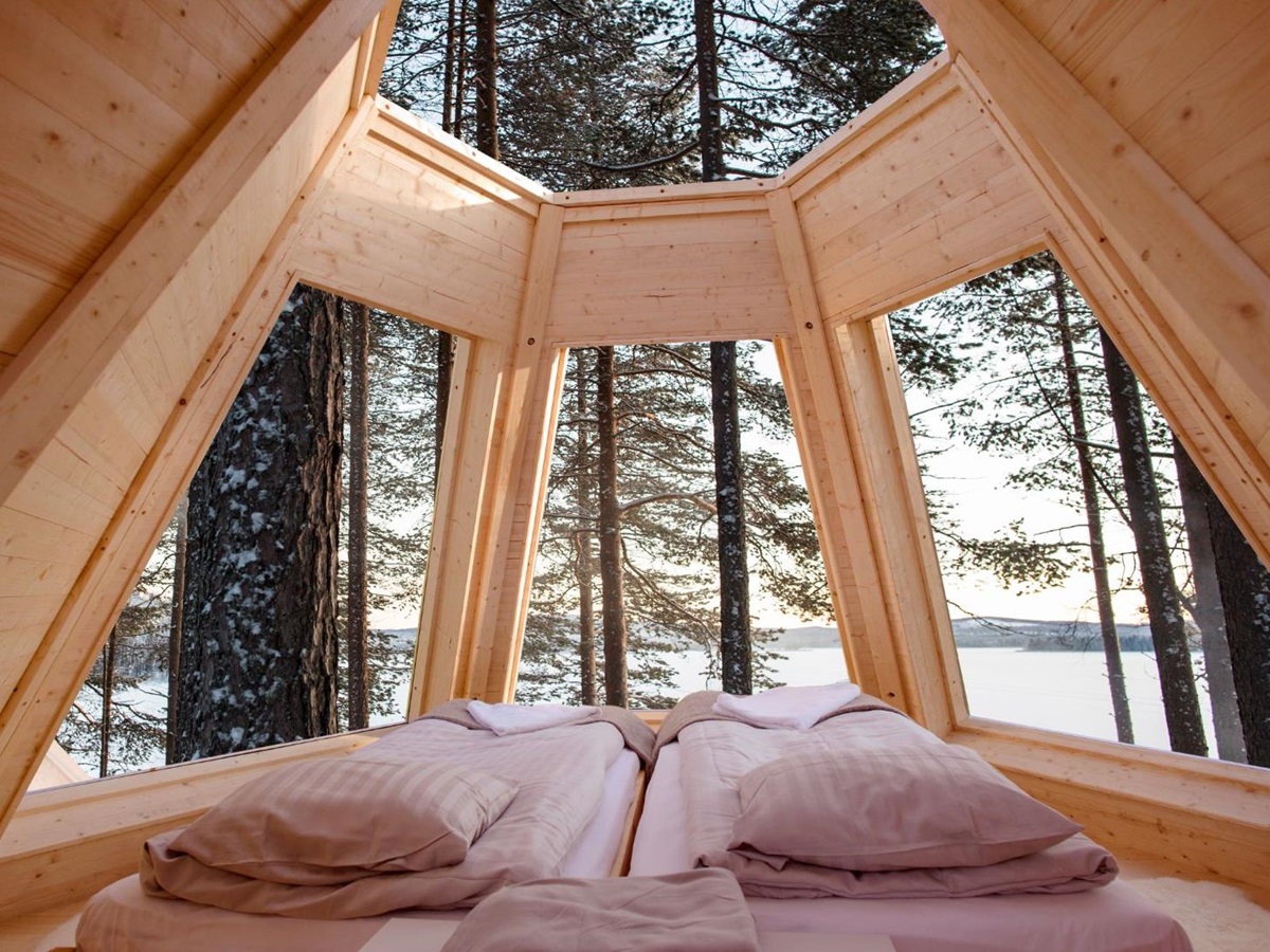 View from the beds of a Cone Room at Aurora Safari Camp in Sweden