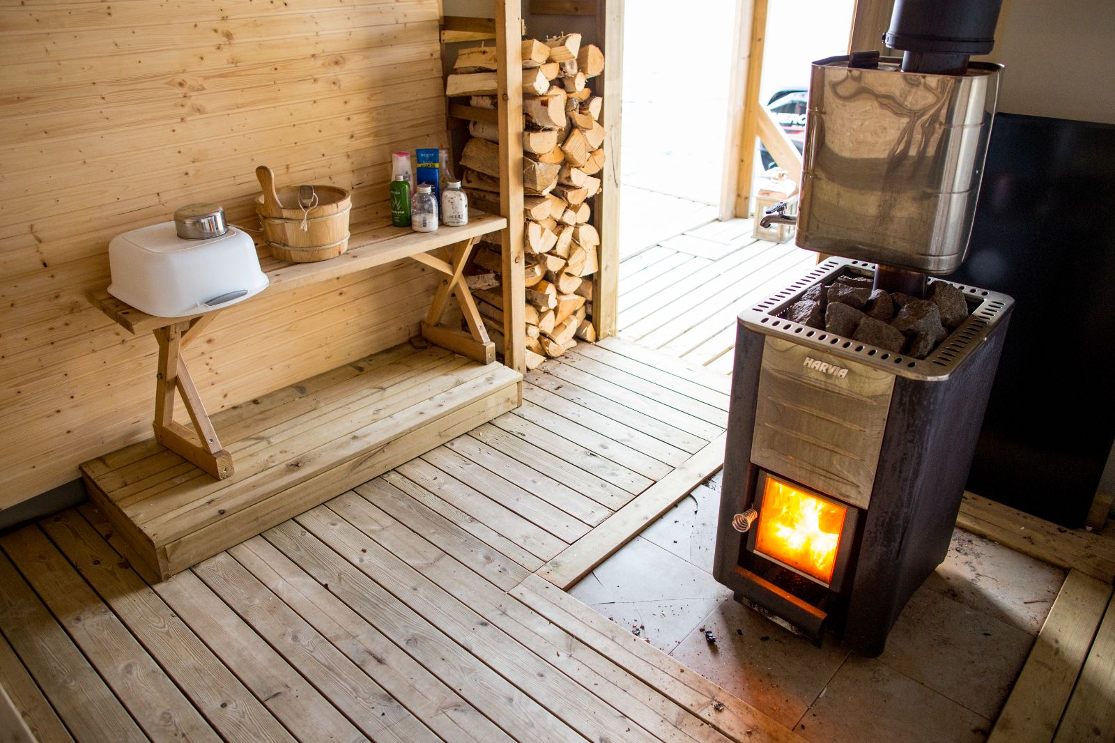 Interior of the sauna at Aurora Safari Camp in Sweden