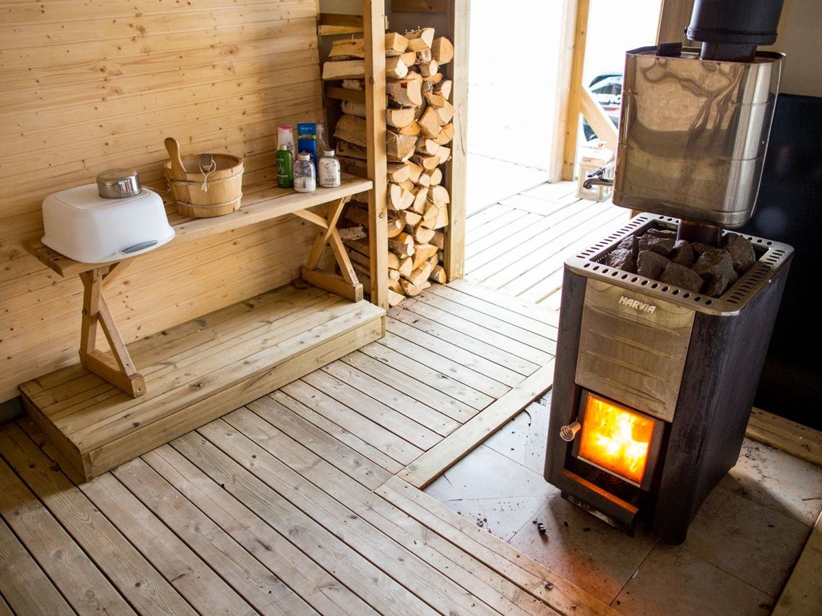 Interior of the sauna at Aurora Safari Camp in Sweden