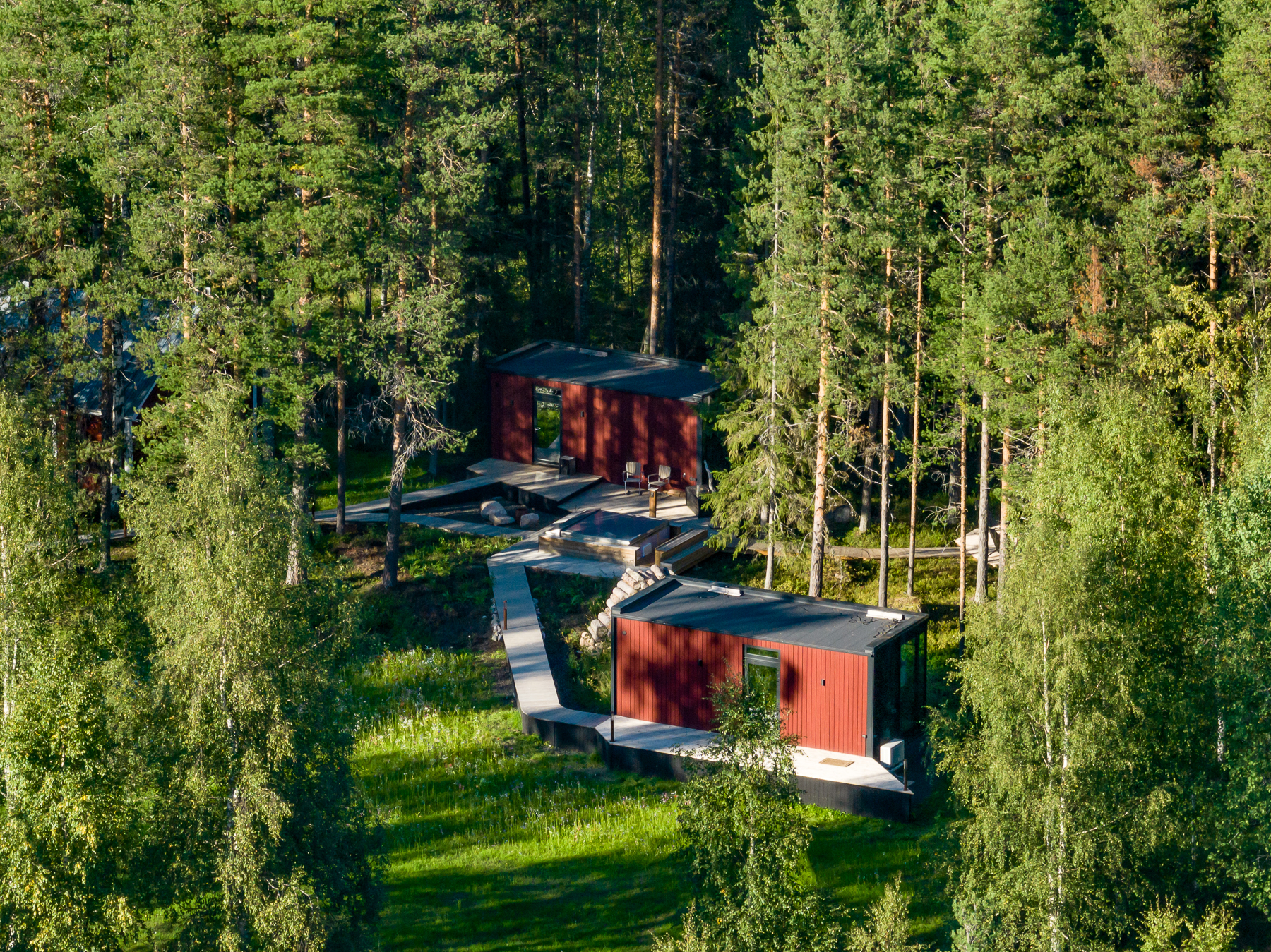 Aerial view of the spa at Logger's Lodge in Swedish Lapland during the summer