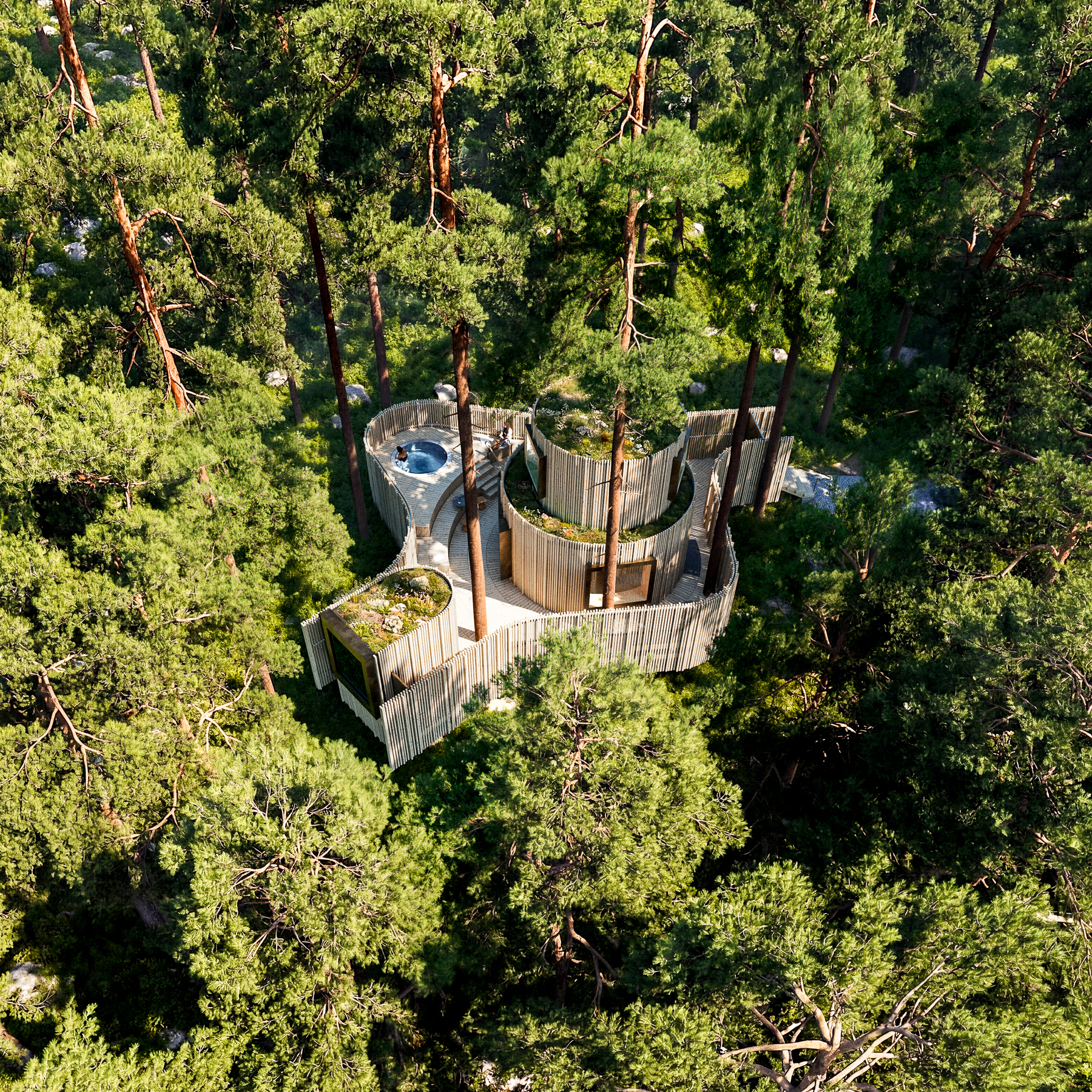 Aerial view of the Oasis accommodation at Treehotel in Sweden