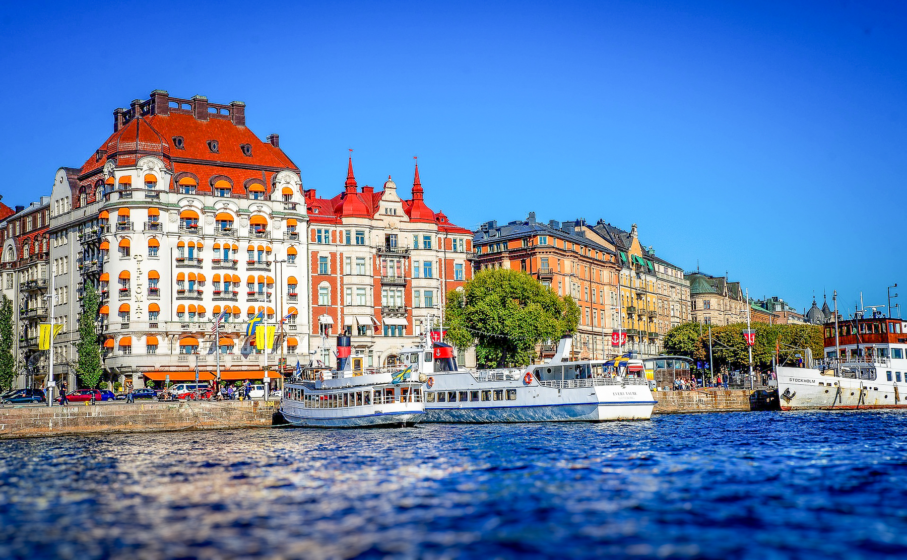 Boats moored on the waterfront in Stockholm