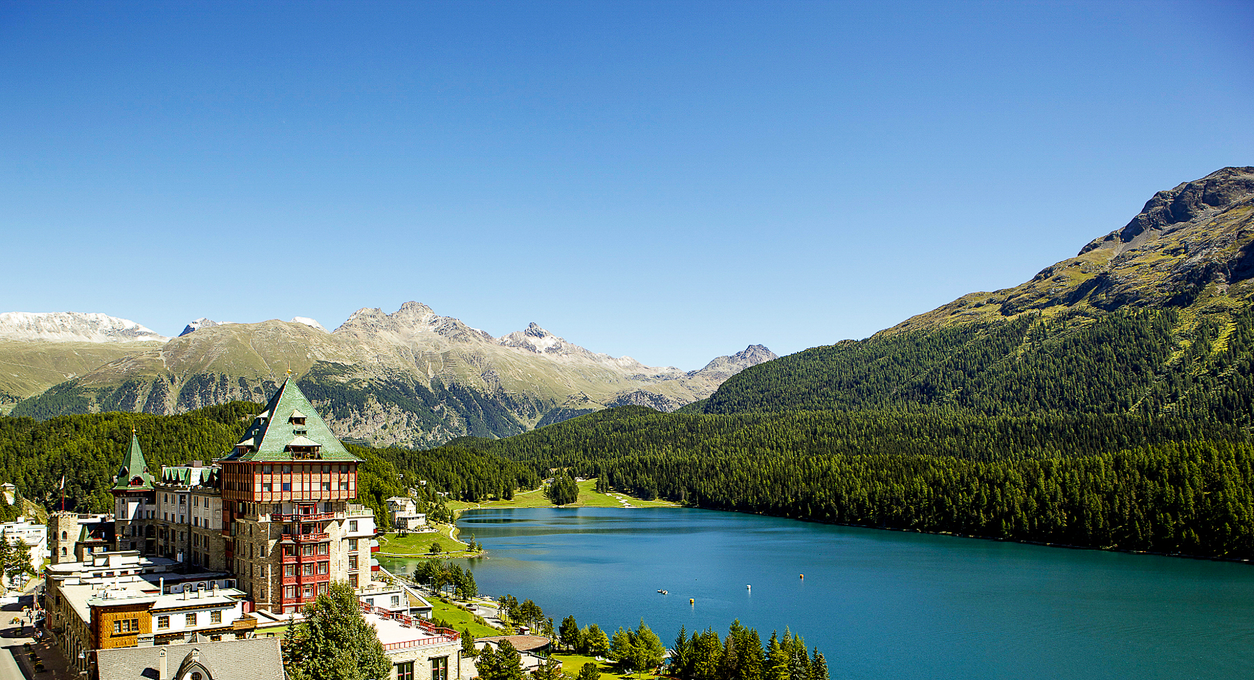 Exterior view of Badrutt's Palace in St Moritz during summer