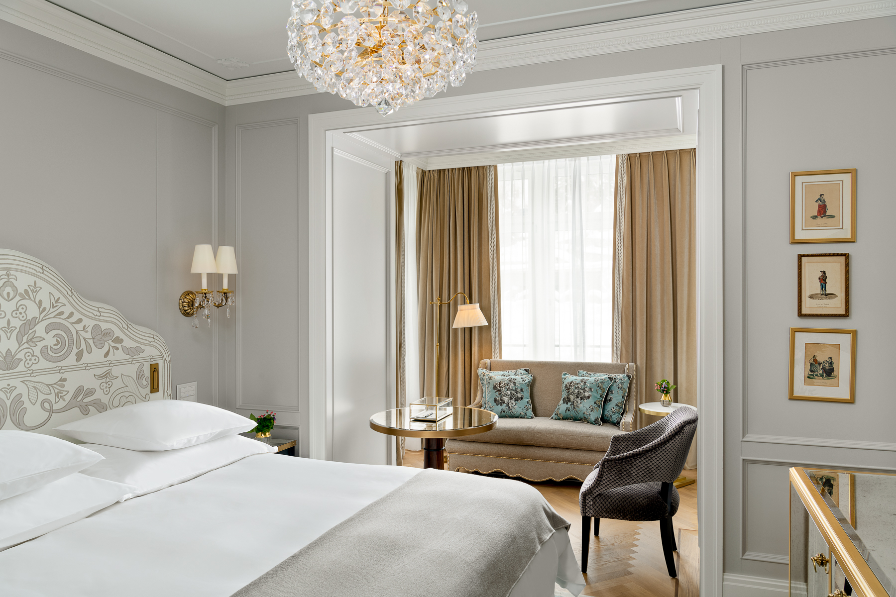 Deluxe double room bed at Badrutt's Palace in St Moritz