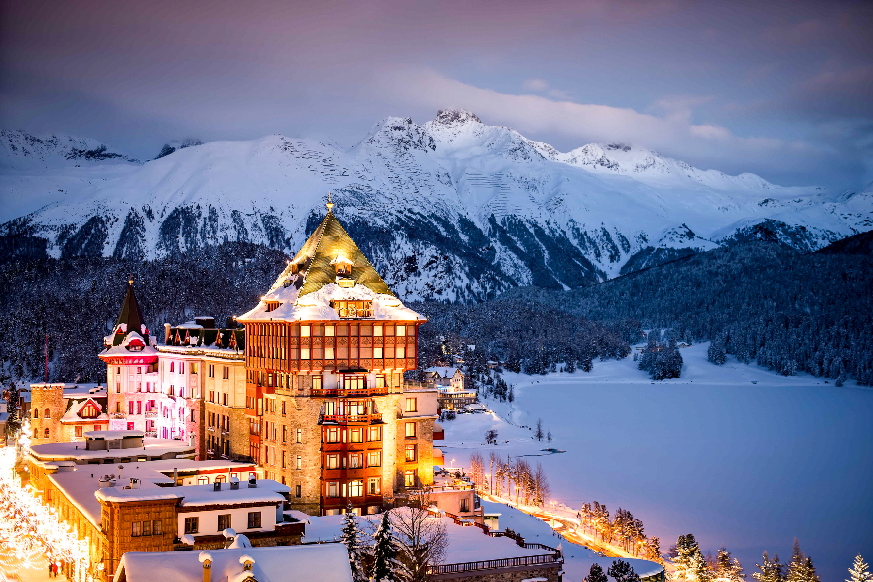 Exterior view of Badrutt's Palace in St Moritz during winter