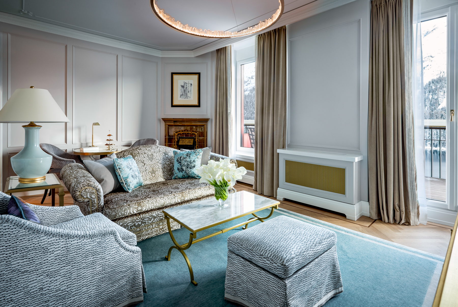 Lake view suite living area at Badrutt's Palace in St Moritz