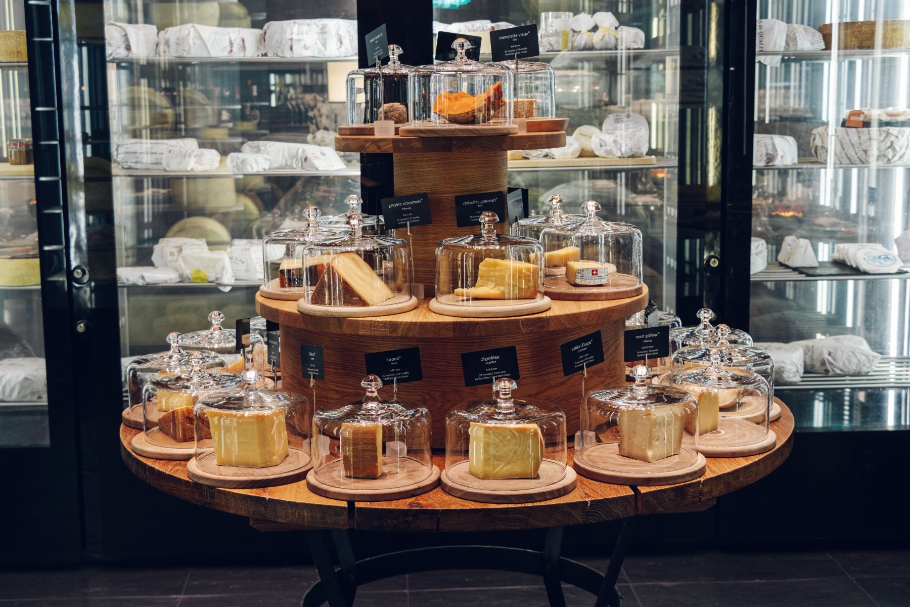 Display of cheeses in one of the restaurants at Chedi Andermatt Switzerland