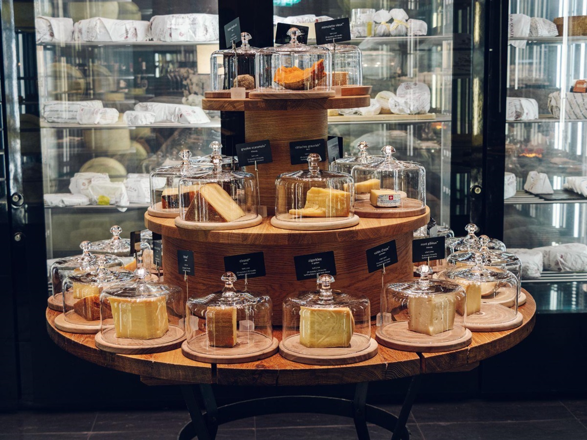 Display of cheeses in one of the restaurants at Chedi Andermatt Switzerland