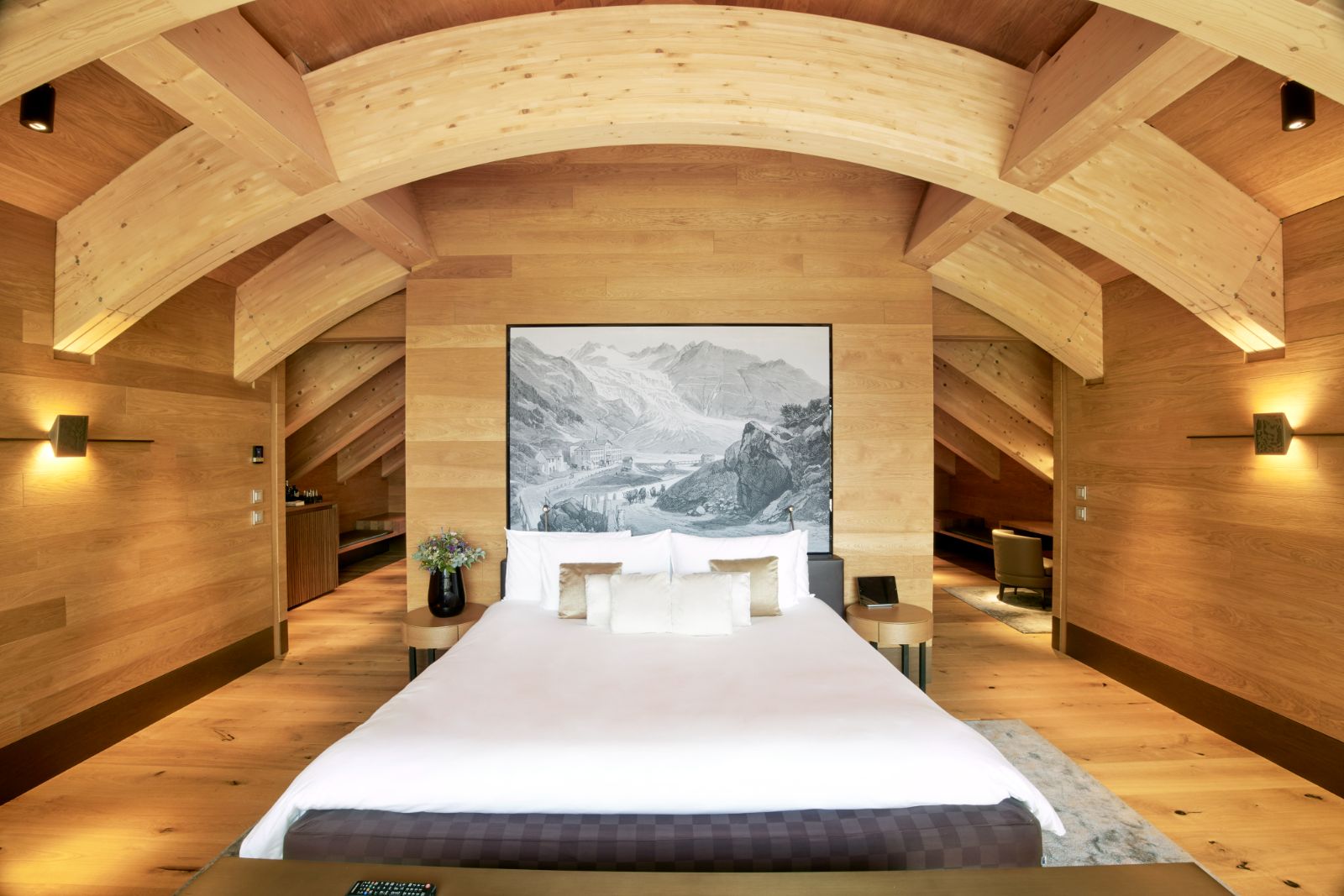 Luxury Resort Chedi Andermatt in Switzerland Furka Suite with Wood Beams
